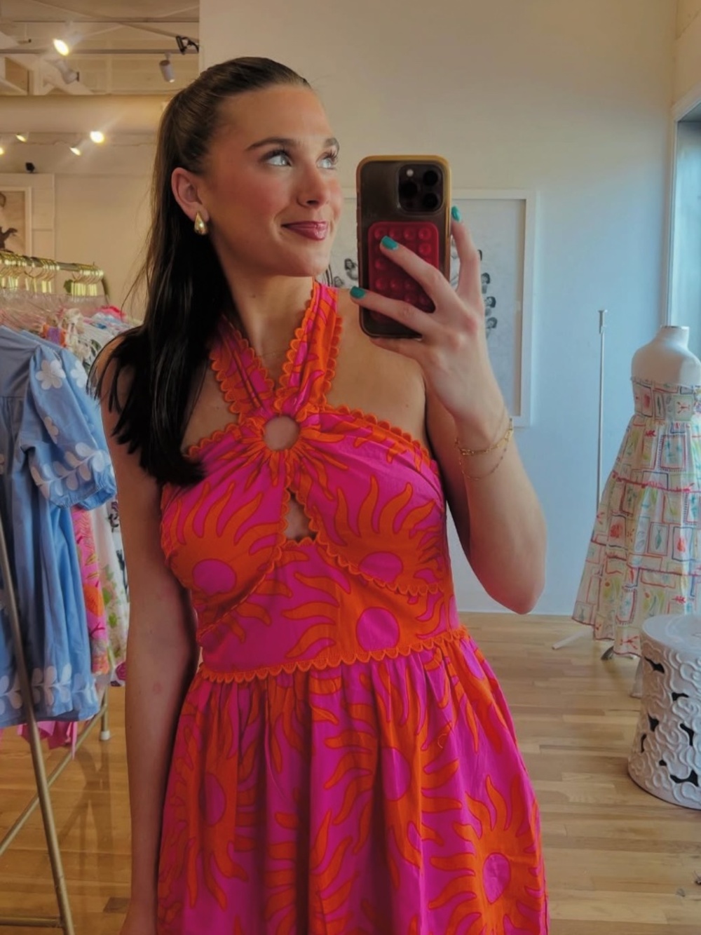 NWT J.Marie Mara Ric Rac Halter Midi Dress Pink Orange Sun Print Sz S - Picture 6 of 8